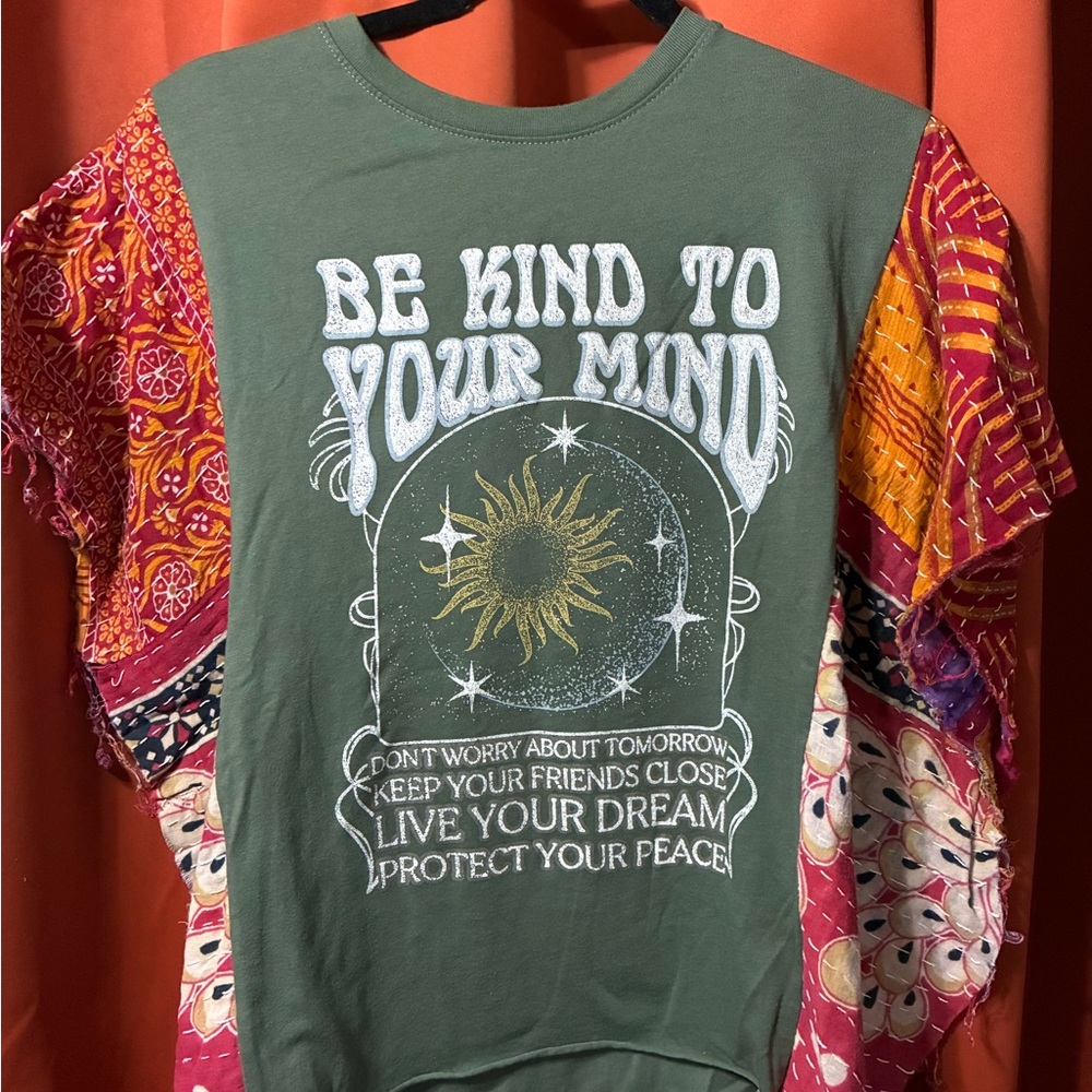 Awake Olive Green Tee with colorful sleeves.